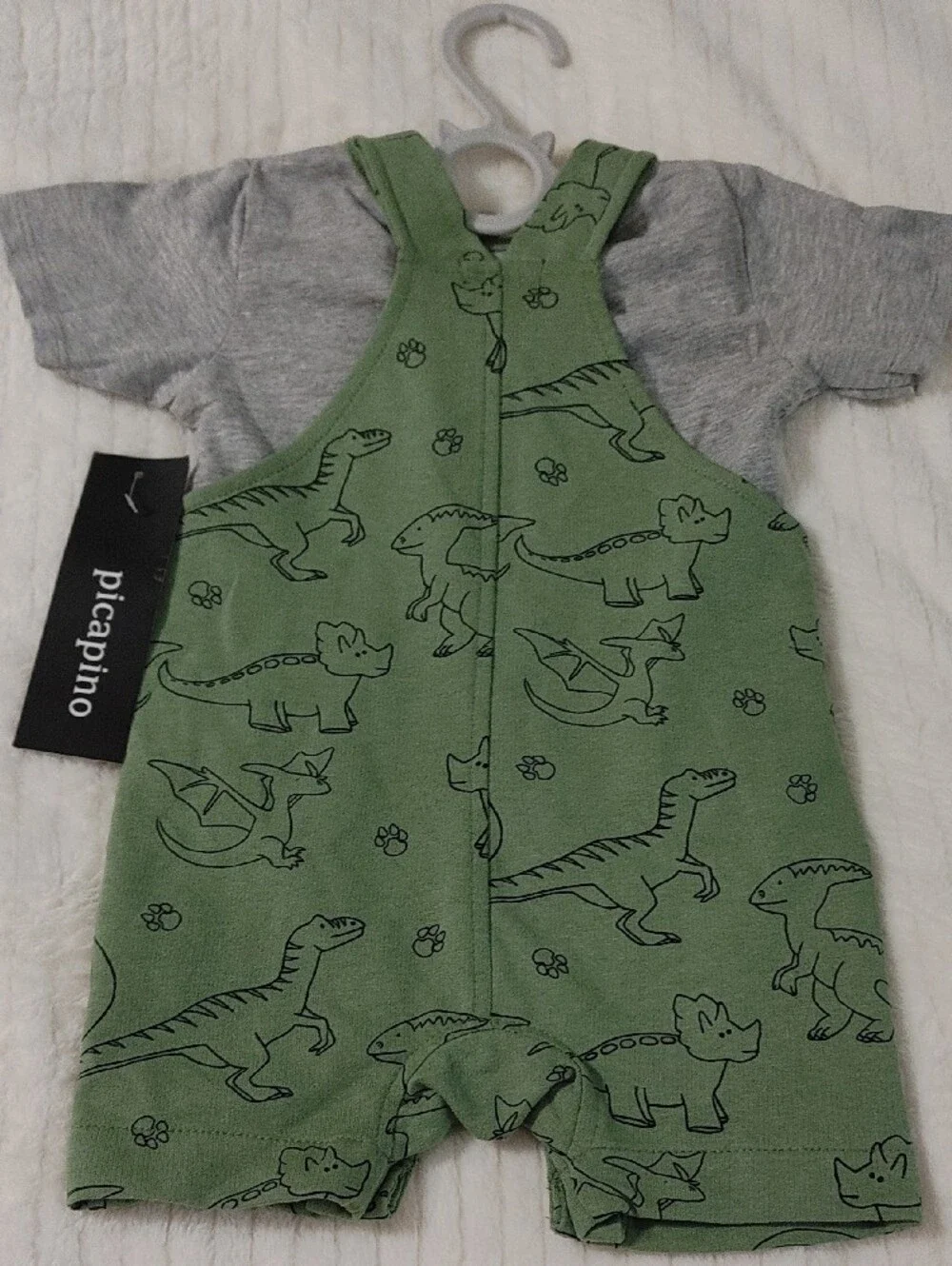 2 PC Picapino Green Dino Short Overalls with Gray Tee